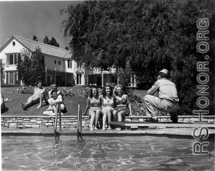 GIs do poolside R&R, during WWII, at hilltop rest house or appropriated manor house. In India? Ceylon?