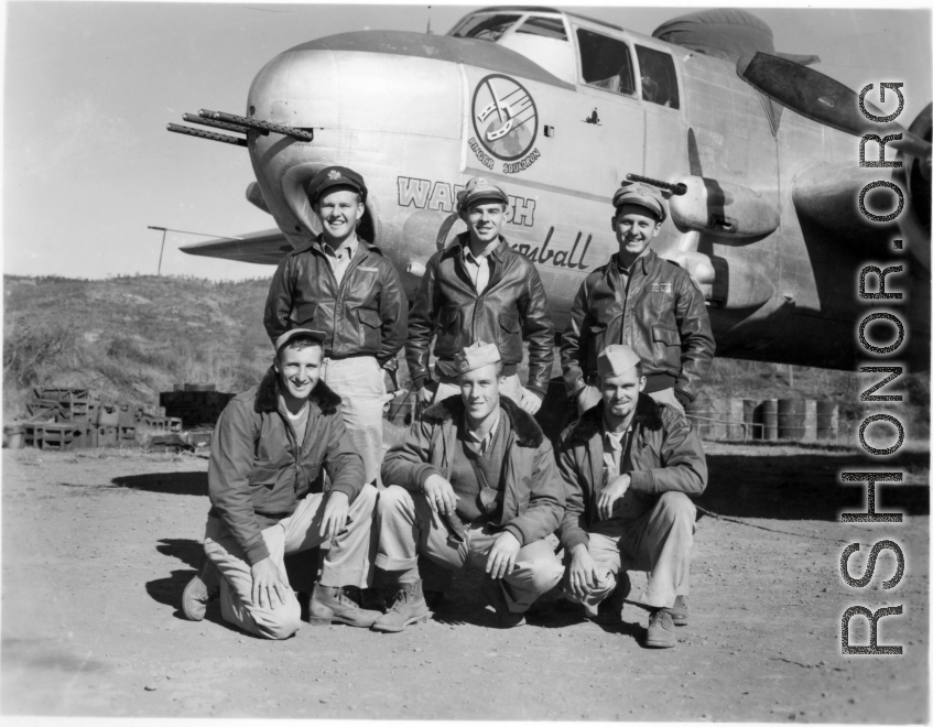 American servicemen with the B-25H "Wabash Cannonball", of the 491st Bomb Squadron, in the CBI.  Fay W. Johnson, Cpl, Radio-Gunner, in front row, far right.  Peter Ewonishon,  2nd Lt., Pilot, in back row, far right.    