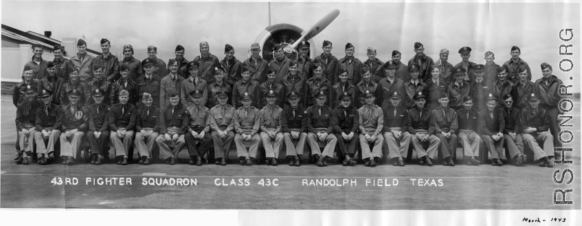  43rd Fighter Squadron class 43C training at Randolph Field, Texas, around March, 1943.  Irving DeGon is front row, fourth from the left.