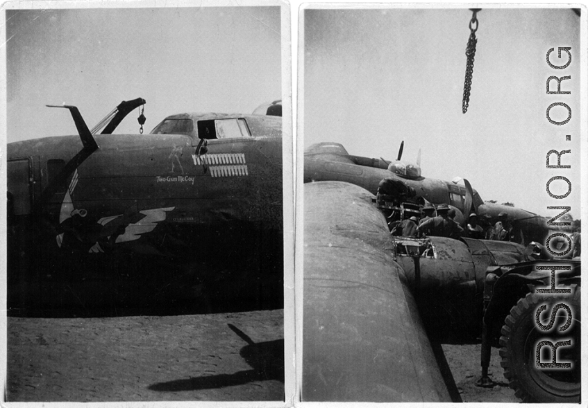 Salvage of a broken B-24 "WE'REWOLVES", crashed on take-off crash on March 20th, at Panagarh. Upon crash, live bombs were spewed out of the bomb bay. Fortunately the arming pins were still in the fuses. Speculation of some was that the accident was caused by loss of lift due to the negative angle of attack caused by a high speed take-off.