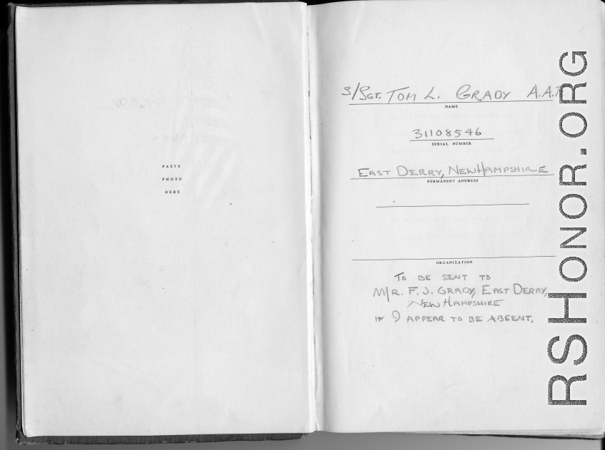 The wartime notebook of S/Sgt. Tom L. Grady, A. A. F, ASN 31108546. In his notebook, as a talented and curious young artist while in the CBI, he recorded scenes and vignettes that he saw in his life. He also recorded names and contact info for the people he met.  Inside the cover he has recorded that the notebook should be sent to a relative "If I appear to be absent." The reality of war.