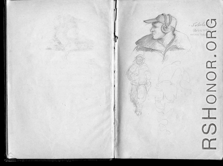 The wartime notebook of S/Sgt. Tom L. Grady, A. A. F, ASN 31108546. In his notebook, as a talented and curious young artist while in the CBI, he recorded scenes and vignettes that he saw in his life. He also recorded names and contact info for the people he met.  "Sibulski (gunner) on my crew."