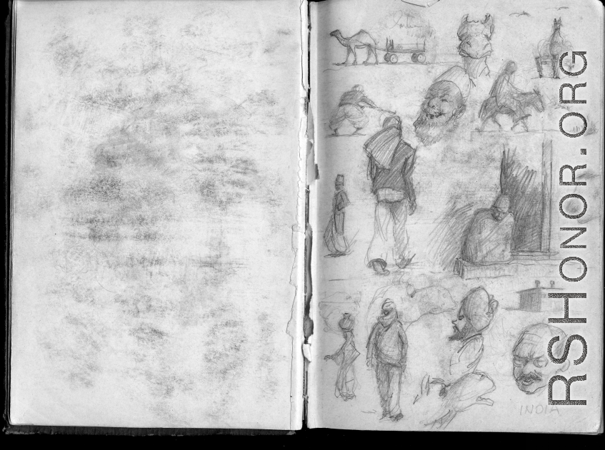 The wartime notebook of S/Sgt. Tom L. Grady. In his notebook, as a talented and curious young artist while in the CBI, he recorded scenes and vignettes that he saw in his life. He also recorded names and contact info for the people he met.  "India."