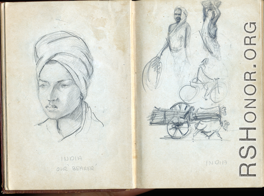 The wartime notebook of S/Sgt. Tom L. Grady. In his notebook, as a talented and curious young artist while in the CBI, he recorded scenes and vignettes that he saw in his life. He also recorded names and contact info for the people he met.  "India. Our 'bearer.'"