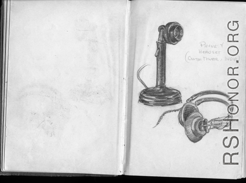 The wartime notebook of S/Sgt. Tom L. Grady. In his notebook, as a talented and curious young artist while in the CBI, he recorded scenes and vignettes that he saw in his life. He also recorded names and contact info for the people he met.  "Phone & headset (control tower, India)."