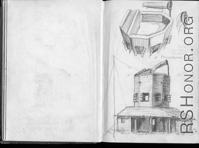 The wartime notebook of S/Sgt. Tom L. Grady. In his notebook, as a talented and curious young artist while in the CBI, he recorded scenes and vignettes that he saw in his life. He also recorded names and contact info for the people he met.  "Our control tower at Panagar, India."