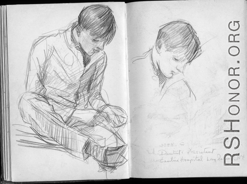 The wartime notebook of S/Sgt. Tom L. Grady. In his notebook, as a talented and curious young artist while in the CBI, he recorded scenes and vignettes that he saw in his life. He also recorded names and contact info for the people he met.  "John G. Dentist's assistant, Cantini Hospital, Long Island, N. Y."
