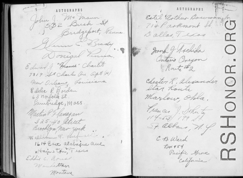 The wartime notebook of S/Sgt. Tom L. Grady. In his notebook, as a talented and curious young artist while in the CBI, he recorded scenes and vignettes that he saw in his life. He also recorded names and contact info for the people he met.  List of acquaintances.