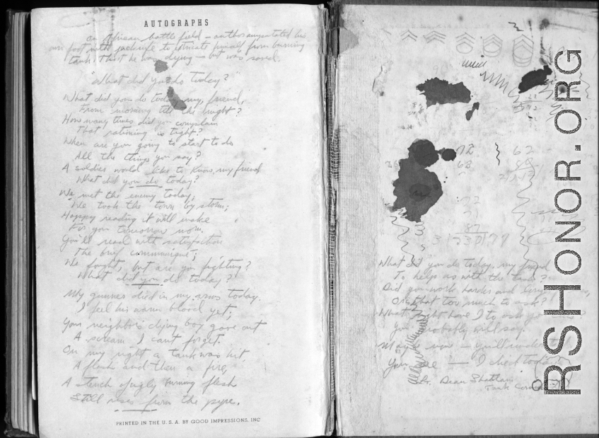 The wartime notebook of S/Sgt. Tom L. Grady. In his notebook, as a talented and curious young artist while in the CBI, he recorded scenes and vignettes that he saw in his life. He also recorded names and contact info for the people he met.  Poems.