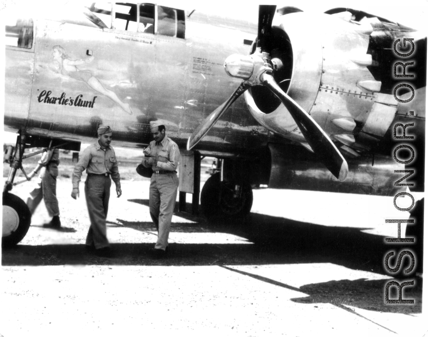 Major Gen. Charles B. Stone and the B-25 "Charlie's Aunt" during a visit to Yangkai on the August 29, 1945.