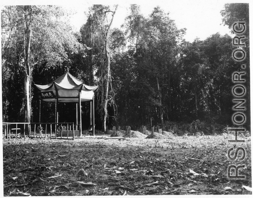 Chinese military graveyard in Burma, with a small pavillion.  During WWII.  “忠魂停”