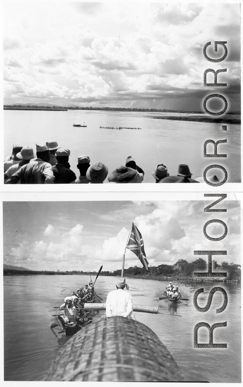 Festive longboats and crews rowing, following a boat flying a Union Jack, at an activity in Burma.  In Burma near the 797th Engineer Forestry Company.  During WWII.