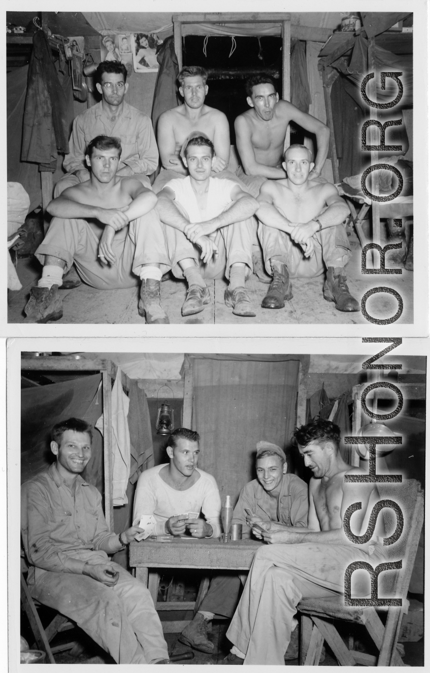 Engineers of the 797th Engineer Forestry Company pose in their tent in Burma, and while playing cards. The man on the far left (with a smile) is holding all aces.  During WWII.
