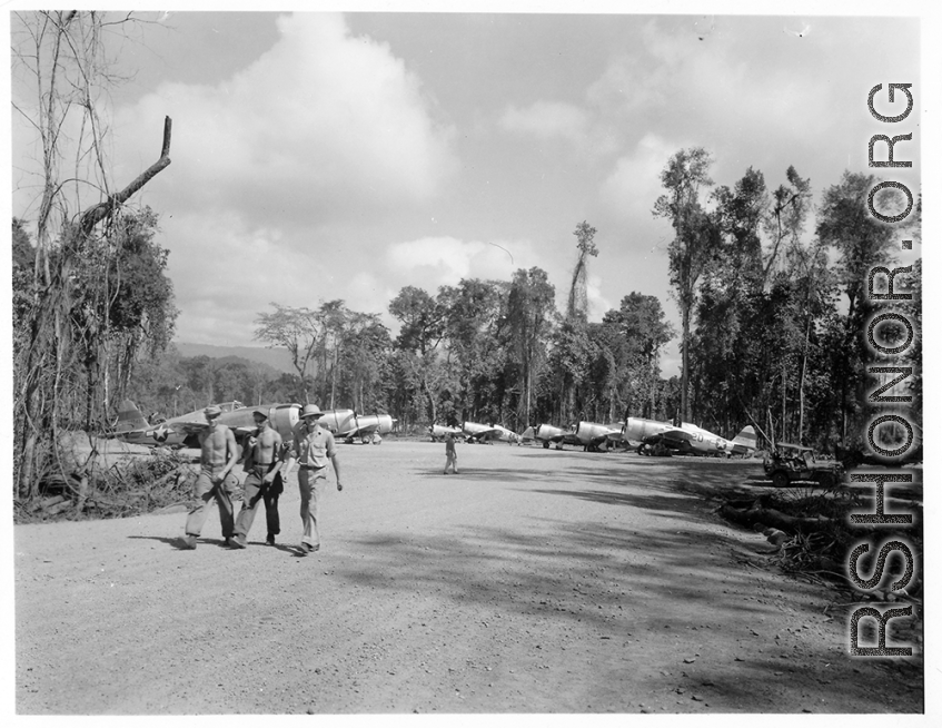 Republic P-47 Thunderbolts at an airstrip in Burma in 1944.  Aircraft in Burma near the 797th Engineer Forestry Company.  During WWII.