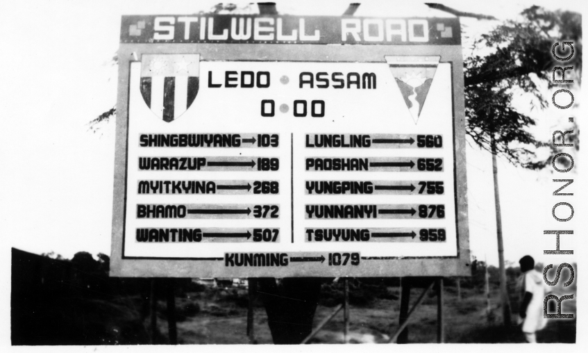 Stilwell Road sign in Burma, showing various distances, WWII.