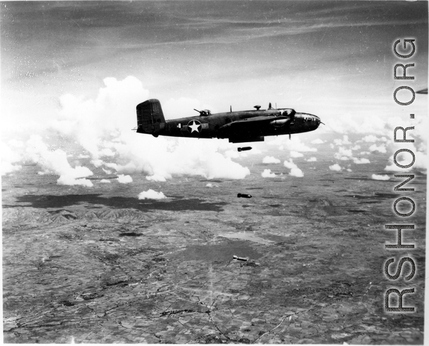 B-25s of the 22nd Bombardment Squadron dropping bombs over SW China, French Indochina, or Burma during WWII.