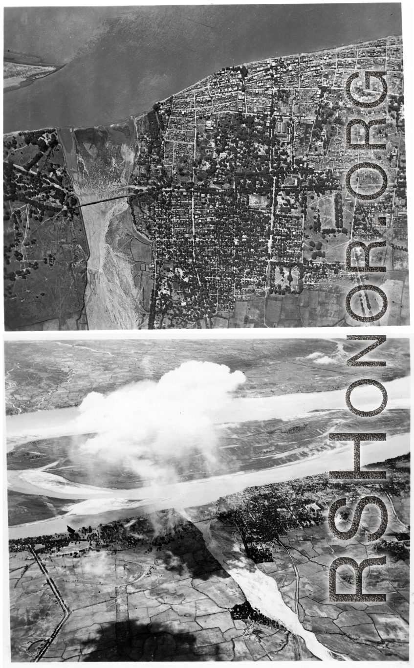 American bombing bridge at Bakkoku, Burma via B-25s of the 22nd Bombardment Squadron during WWII.