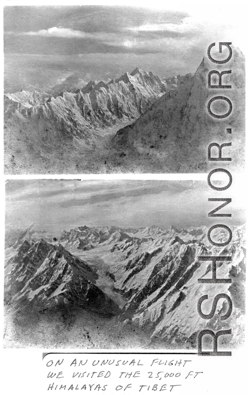 Aerial view of dramatic and unforgiving Himalayas.  22nd Bombardment Squadron, in Burma.