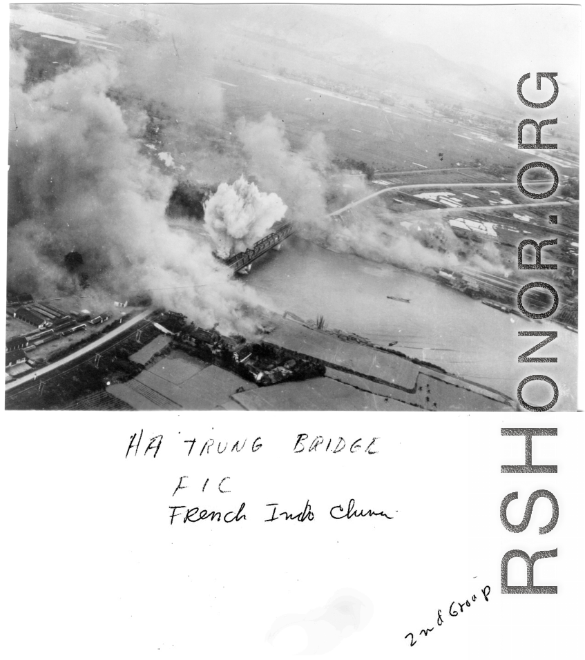Bombing of Đò Lèn Bridge in Hà Trung Town in French Indochina (Vietnam), during WWII.   22nd Bombardment Squadron, 2nd Group.
