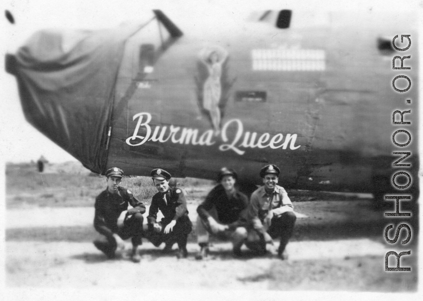 American flyers with the B-24 "Burma Queen," serial #42-73253, of the 425th Squadron, almost certainly in China. During WWII.  Unknown exactly who they are, but they may be pilot Glenn Lowe, copilot Joel Grayson, and others who usually flew that plane.  (Thanks to S. Skurnowicz for image and info!)
