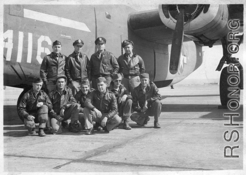 The crew of B-24 during training stateside. Crew members that mission were  Top row, left to right:  2nd Lt. William Staskiewicz (bombardier) 2nd Lt. William U. DuMond (navigator) 2nd Lt. John P. Burkett (pilot) 2nd Lt. Wallace I. Ackerman (copilot) Top row, left to right:  Cpl. Normal P. Reuter (asst. radio op) S/Sgt. Claude L. Crosby (ass't. engineer) S/Sgt. Herbert W. Robbs (engineer) Cpl. Leroy P. Miller (gunner) Cpl. Vern S. Bergh (gunner) S/Sgt. Boleslaw A. Skurnowicz (radio op)