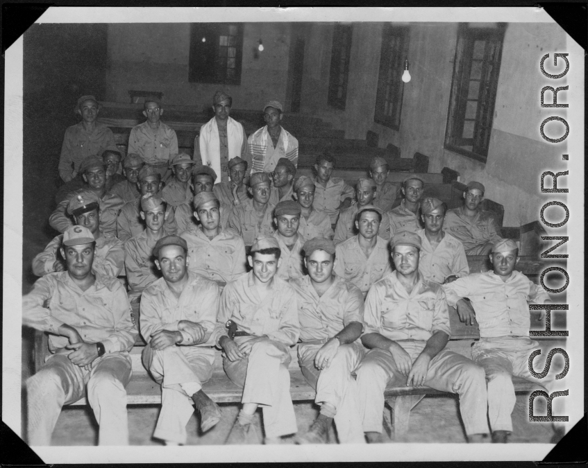 Rosh Hashanna services in Kunming, China, during 1943, during WWII.  Ned Levey is sitting in the last seated row, 2nd from right.