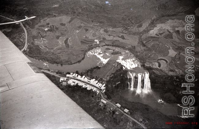 Huangguoshu waterfall from the air during WWII, taken over the wing of an America fighter plane in by pilot Charles A. Breingan.