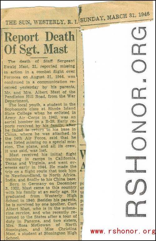 Newspaper clipping about Ewald Anton Mast.