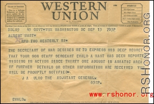 Telegram about Ewald Anton Mast.