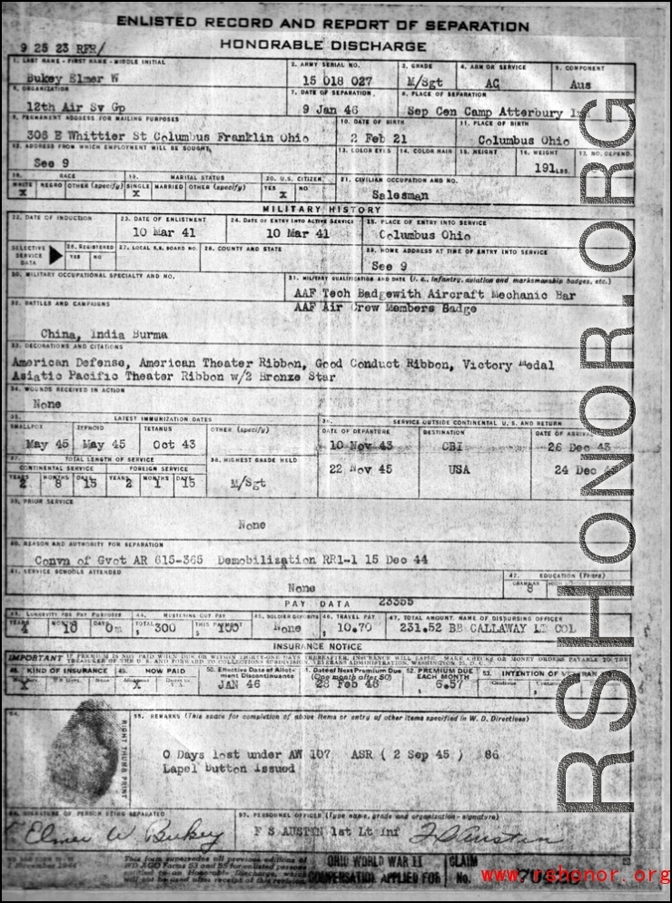 Honorable discharge record for Elmer Bukey, for January 9, 1946.