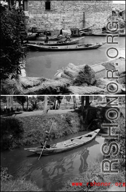 Boats in canals near Kunming during WWII. From the collection of Hal Geer.