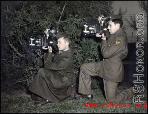 American GIs take pictures with oversized cameras in the CBI during WWII. From the collection of Hal Geer.