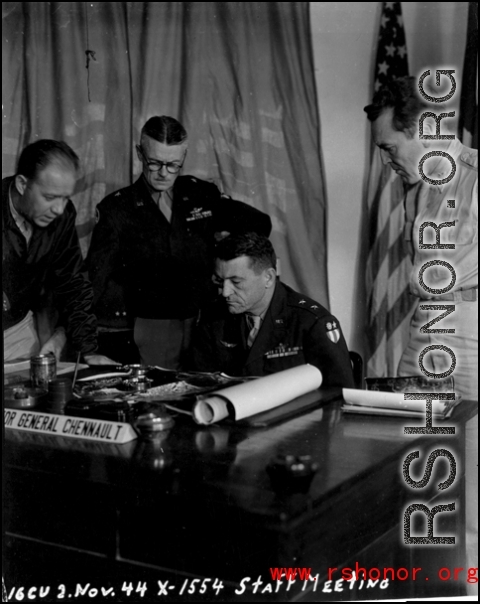 General Chennault at a staff meeting in China on November 2, 1944.  From the collection of Hal Geer.