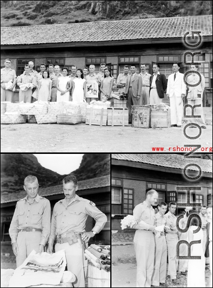 GIs are presented with gifts in China during WWII.  Probably at Liuzhou.  From the collection of Hal Geer.