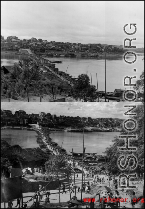 Two shots of the floating bridge at Liuzhou. The main part of the city is on the other side of the river, and the American air base is behind to photographer in the opposite direction.  From the collection of Hal Geer.