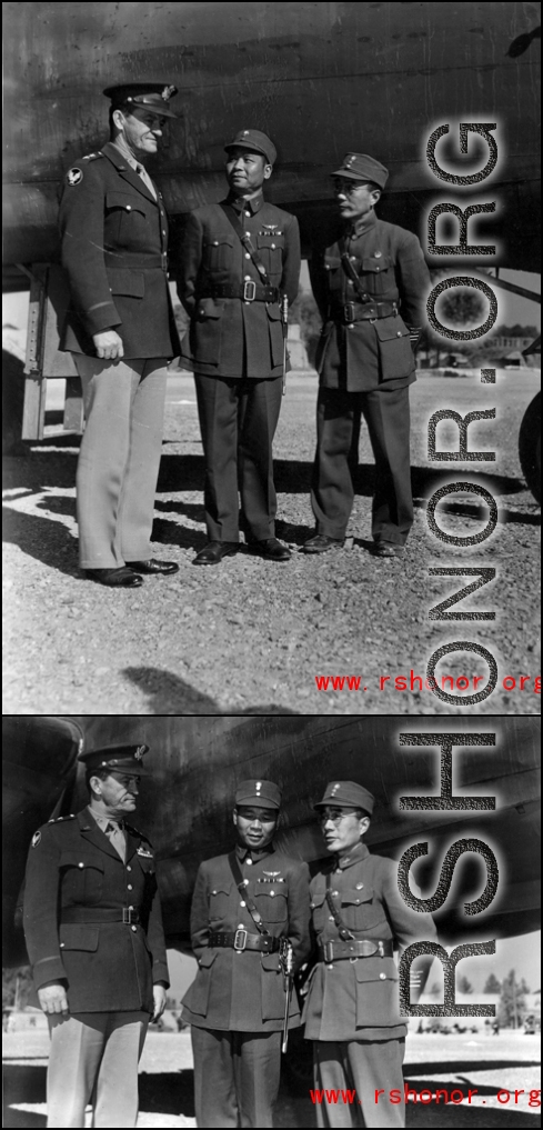 Chennault and Chinese officers pose and chat next to a B-25 Mitchell bomber in China during WWII.