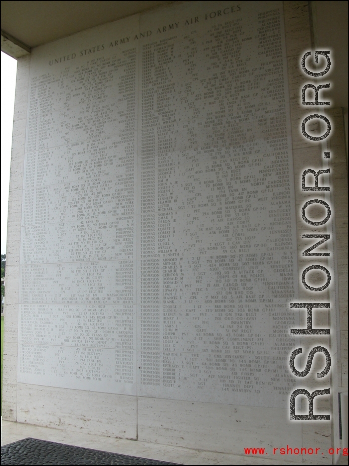 The soldiers on this wall was taken at The Manila American Cemetery and Memorial, this section of the wall is called the "Tablets of the Missing." The "Tablets" display 36,285 American names that were missing in action or buried at sea from battles in this region during World War II.  Photo and information by Dave Dwiggins.