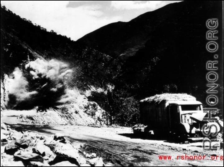 Explosion for road construction on Burma Road during WWII.