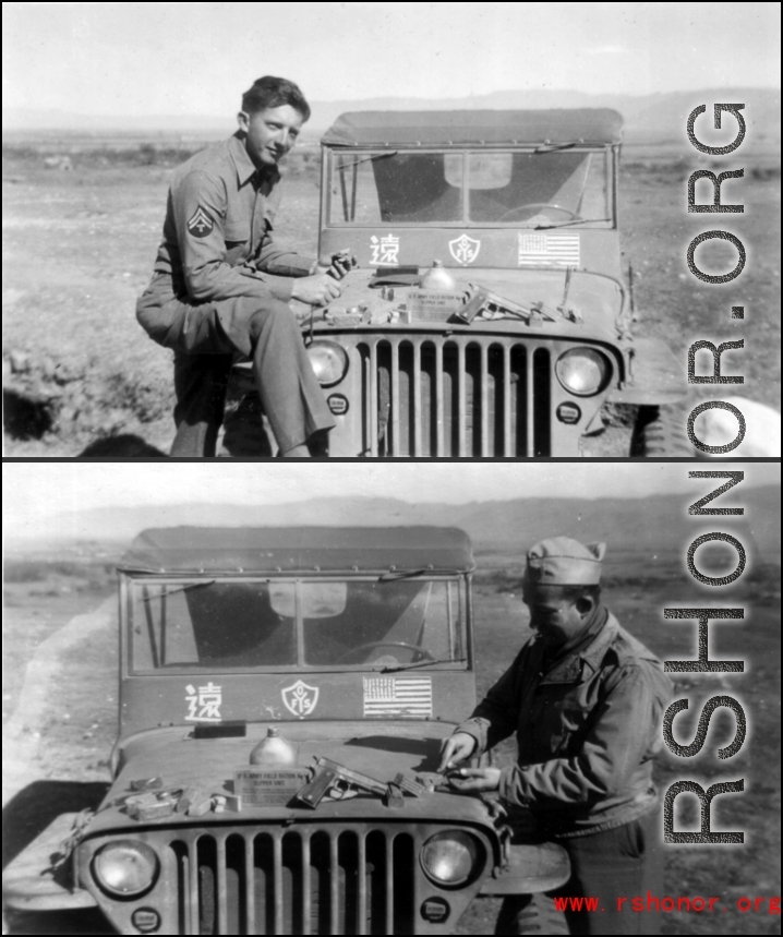 Douglas Runk (top image) lays out his gear, including a pistol, somewhere in SW China during WWII. The lower image might be another GI.  The symbol painted on the middle under the jeep's windscreen indicates US Army's Y-FOS liaison team attached to Chinese Y-Force.