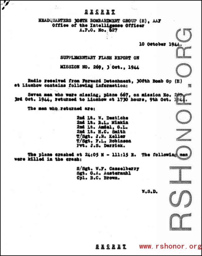 Supplementary report to group mission no. 269, 4 October 1944, indicating the safe return of some of the crew, and the death of W. F. Casselberry, G. A. Austermuhl, and B. C. Brown.