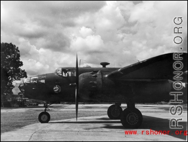 A B-25 of the Ringer Squadron in the CBI.   From the collection of Wozniak, combat photographer for the 491st Bomb Squadron, in the CBI.