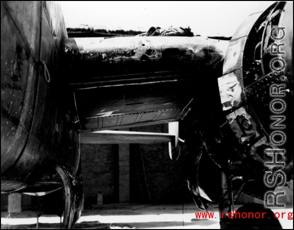 Bullet and fire damage to a battle tested B-25 in the CBI.