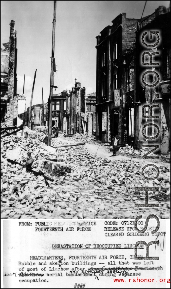 Rubble and skeleton buildings--all that was left of most of Liuchow [Liuzhou] after heavy aerial bombing and artillery shelling during Japanese occupation."