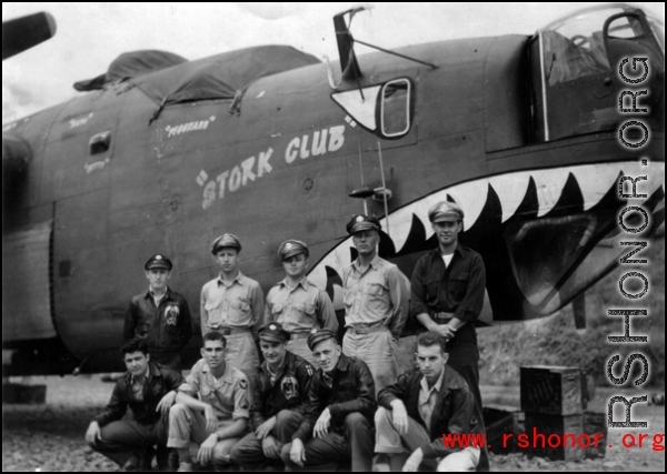 The B-24 bomber "Stork Club" crew posing for a picture.