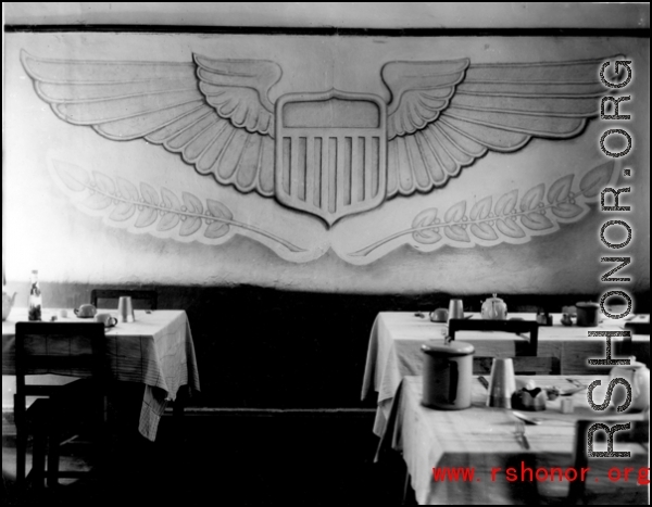 The dining area of the Officer's Club at Yangkai Air Base, China. Probably taken sometime in the first half of 1944, possibly soon after the 341st Bombardment Group HQ with the 22nd and 491st Bomb Squadrons arrived in January 1944.