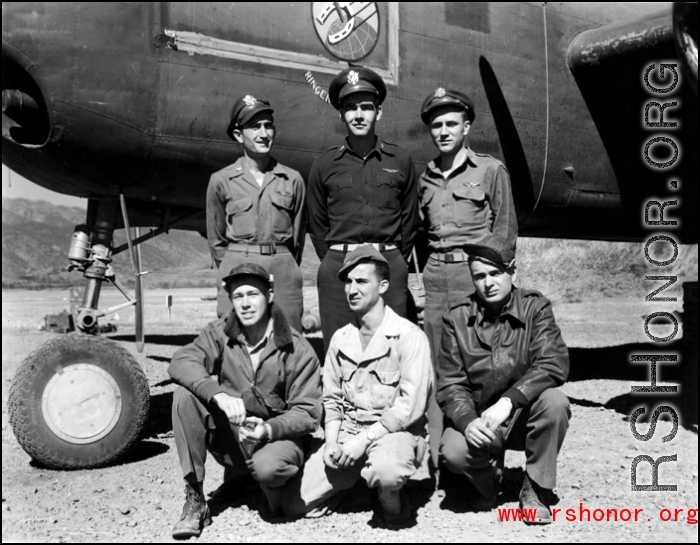 Unidentified aircrew of the 491st Bombardment Squadron (Ringer Squadron) stand beside aircraft "43-4481", a B-25H, at Yangkai Air Base, China. The squadron assigned, combat id number is painted on the nose wheel, '81'.
