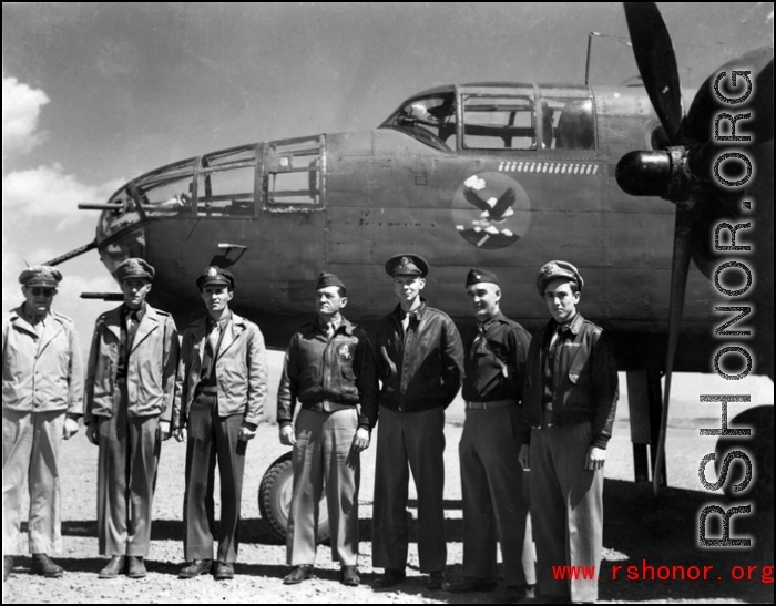 Gen. Claire Chennault, Commander of 14th Air Force made a "surprise" visit to Yangkai in February 1944 to brief the flight leaders on a new bombing technique. Here he stands with officers of the 341st Bombardment Group (BmGrp), 11th, 22nd and 491st Bomb Squadrons.  From left; Col. Caleb Haynes(?), Maj Edison Weatherly (22nd C.O.), Maj. James Callaway (491st CO), B.Gen Claire Chennault, Lt. Col. Morris Tabor (341st C.O.), Maj McIntire (C.O. Yangkai AB), Maj. Soper (341st HQ staff).  The 22nd Bm Sq early insi