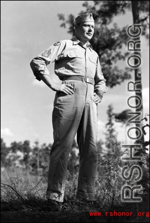 Master Sergeant John A, Aspinwall (Maintenance Line Chief), 491st Bm Squadron, stands among the trees on 'Red Dust Hill', the housing and squadron areas for 341st Bomb Group personnel at Yangkai AB, China. (Info courtesy Tony Strotman)