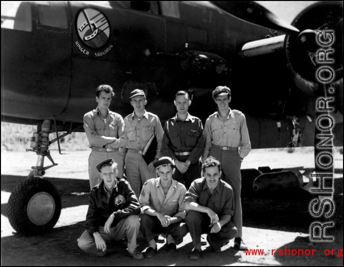 491st Bombardment Squadron crew stands before a B-25J at Yangkai AB, China in summer of 1944.  Left to right; back row: Lt. Walter P. Guest (cp), Capt Albert V. Toney (p), Lt Albert A. Barling, Jr. (n), Lt. Curtis A. Siria (b) front row: S/Sgt Ernest J. Ross (EG), T/Sgt Oliver D. Swanson (RG), S/Sgt Joe D. Josserand (AG)  (Info courtesy Tony Strotman)
