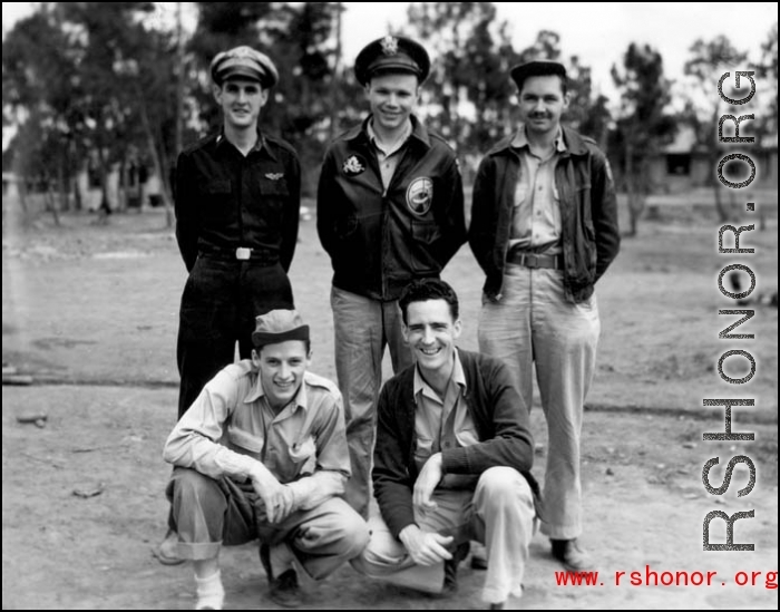 Unidentified personnel of the 491st Bomb Squadron, behind the squadron's hostel, on "Red Dust Hill", Yangkai, China. The 'Ringer Squadron' insigne clearly visible on the man in the center of the rear row . (Info courtesy Tony Strotman)